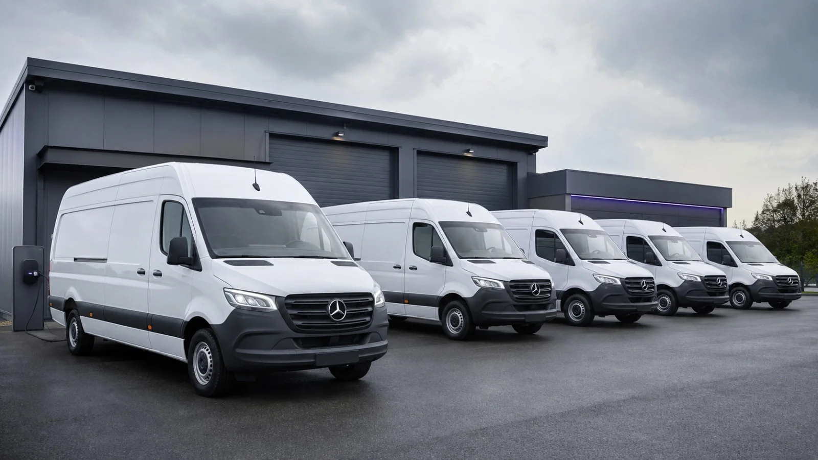Flotte weißer Transporter vor einer Logistikhalle
