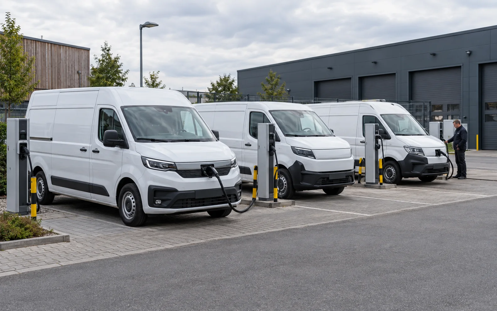 Moderne weiße Transporter an einem betrieblichen Ladepunkt