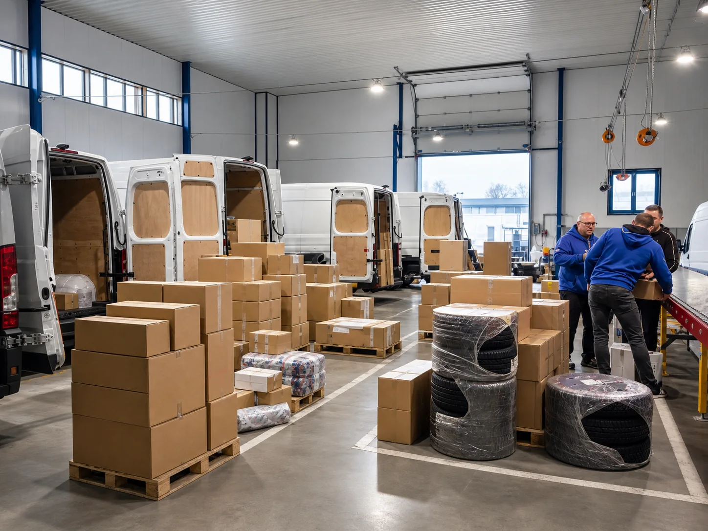Geordneter Paketumschlag mit beladenen Zustellfahrzeugen in einer Logistikhalle
